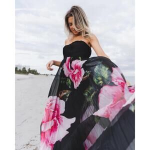 ONE33 SOCIAL Black Pink Floral Roses Chiffon Strapless Maxi Gown size 0